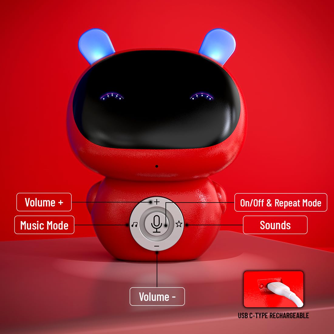Mirana Mr. Robot | Smart Interactive Talkback Toy for Kids | USB Rechargeable Type-C | in-Built Music | Best Gift for Boys & Girls 2 3 4 5 6 7 8+ Years (Red)