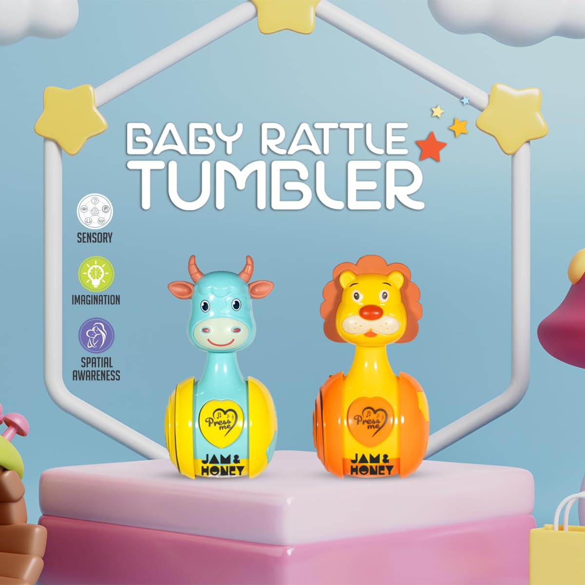 Amazon Brand - Jam & Honey Baby Rattle Tumbler Set of 2 I Best Learning Toy Pushing Or Holding Toys | Baby Development Toys