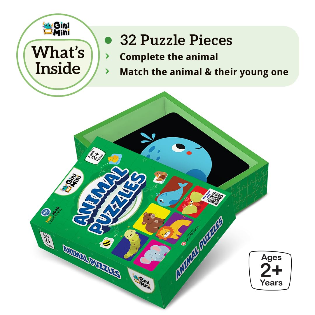 GiniMini Animals Jigsaw Puzzle for Kids 2 3 4 5 Years | Educational 2 Piece Puzzle for Memory & Motor Skills | Return & Birthday Gifts for Boys & Girls