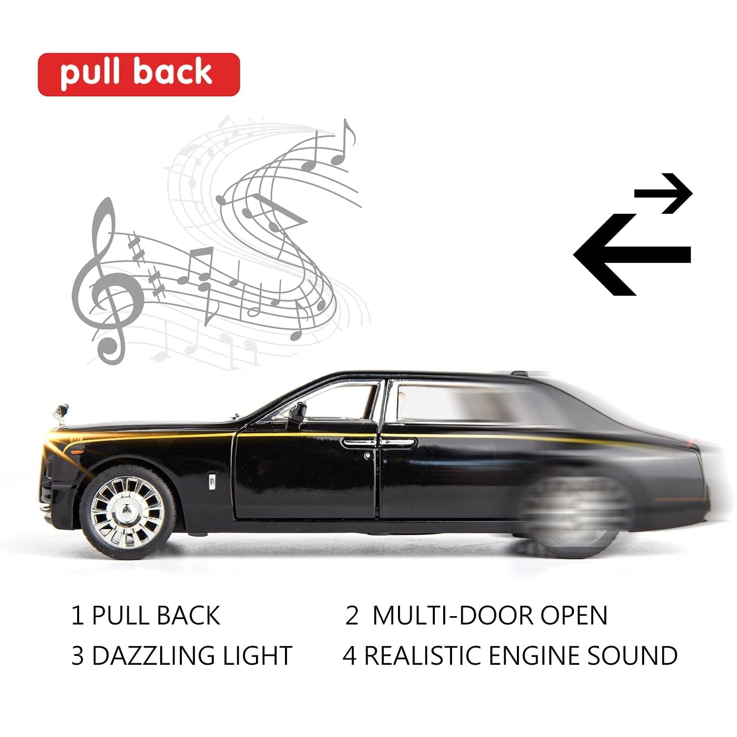 Okean Exclusive Alloy Metal Pull Back Die-cast Car 1:32 Roll Royce Phantom Diecast Metal Pullback Toy car with Openable Doors & Light, Music Boys Gifts Toys for Kids【 Black 】