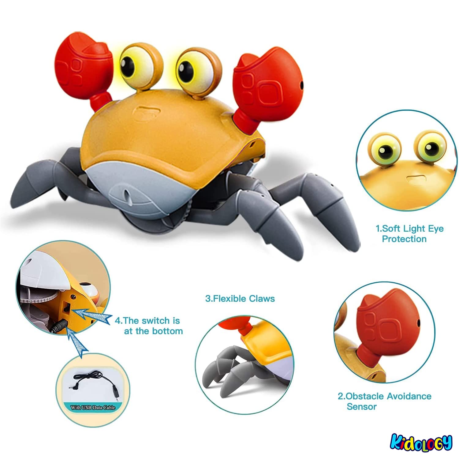 Kidology Crawling Crab Baby Musical Kids Toy with Led Lights & Rechargeable Battery|Interactive Early Learning and Entertainment Toys for Kids Toddlers & Infants|Tummy Time Dancing Toys,Multicolor