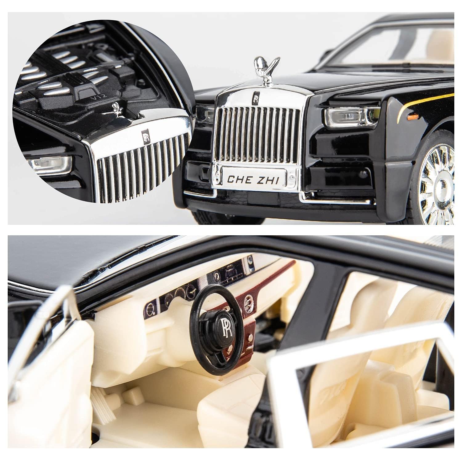 Okean Exclusive Alloy Metal Pull Back Die-cast Car 1:32 Roll Royce Phantom Diecast Metal Pullback Toy car with Openable Doors & Light, Music Boys Gifts Toys for Kids【 Black 】