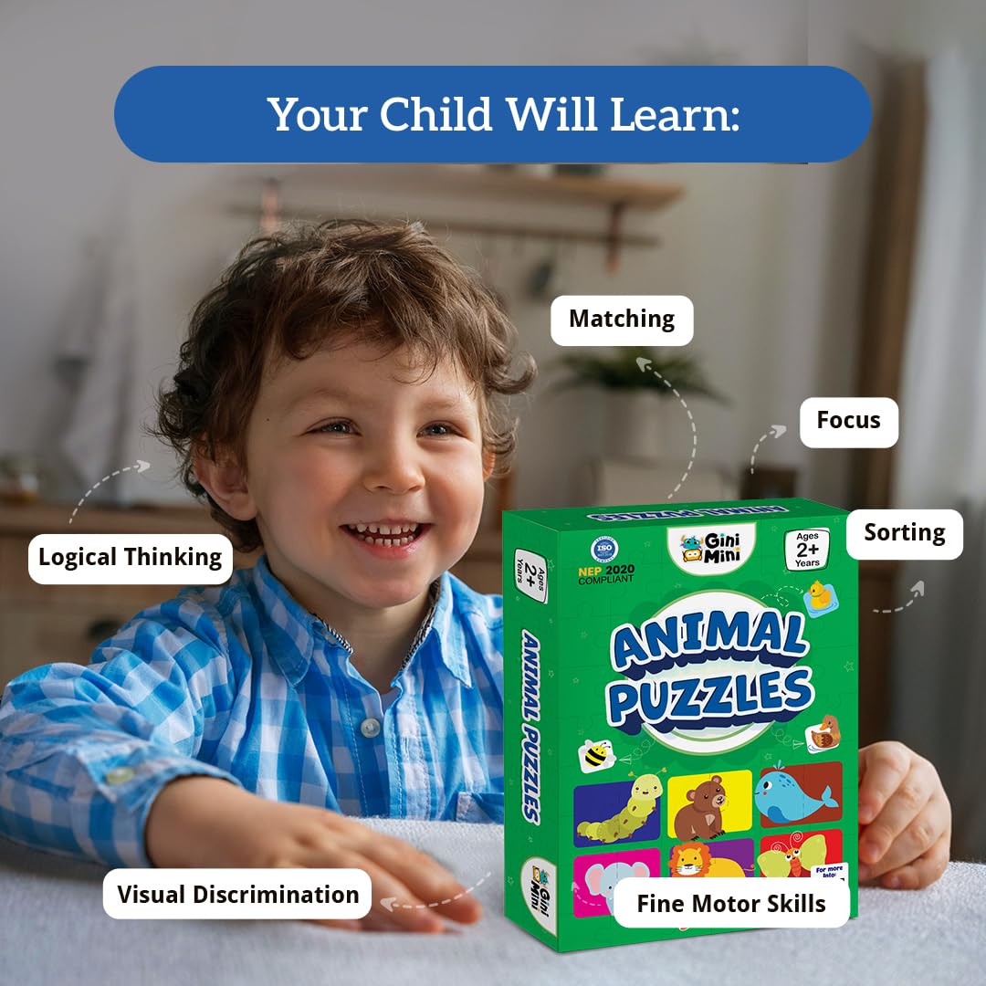 GiniMini Animals Jigsaw Puzzle for Kids 2 3 4 5 Years | Educational 2 Piece Puzzle for Memory & Motor Skills | Return & Birthday Gifts for Boys & Girls