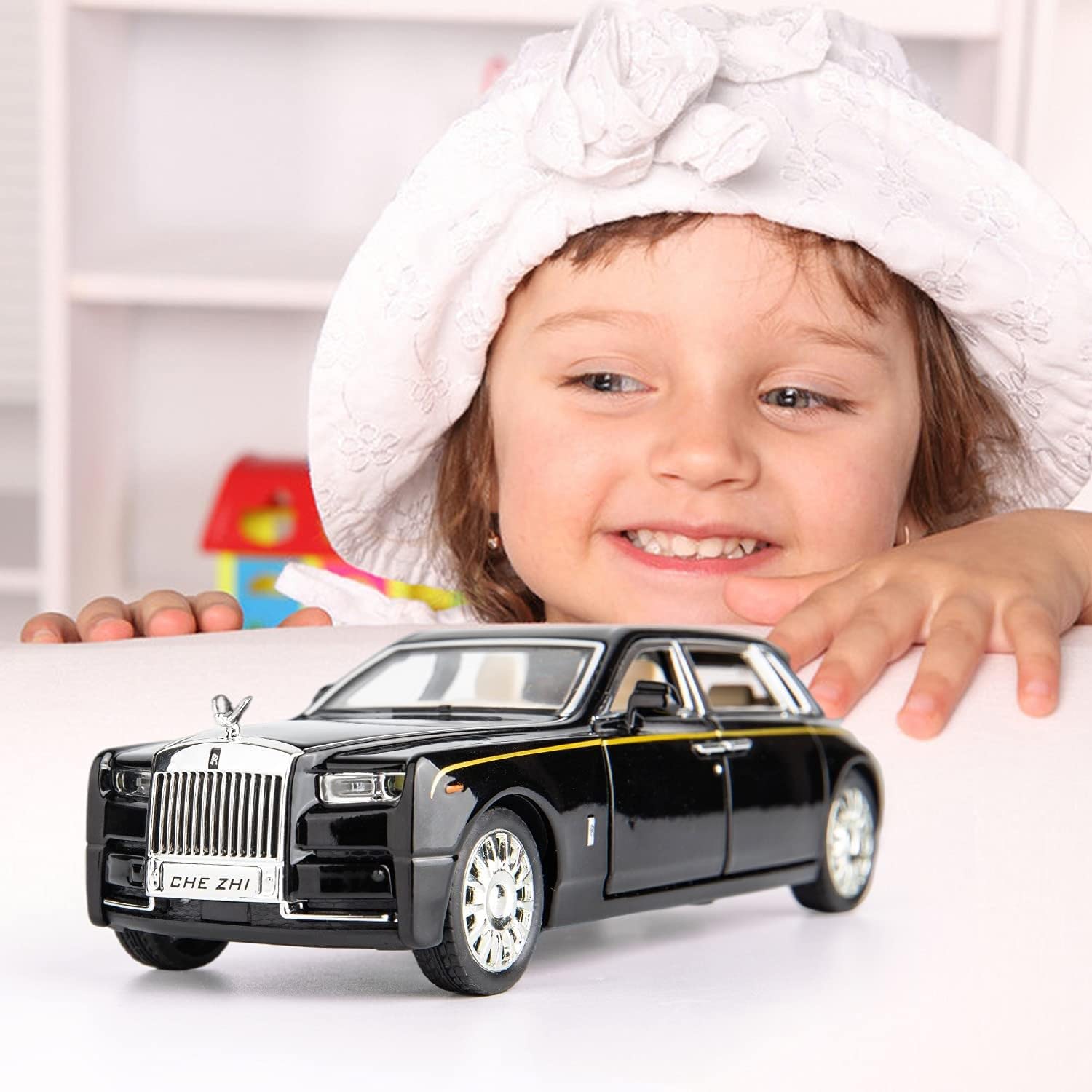 Okean Exclusive Alloy Metal Pull Back Die-cast Car 1:32 Roll Royce Phantom Diecast Metal Pullback Toy car with Openable Doors & Light, Music Boys Gifts Toys for Kids【 Black 】