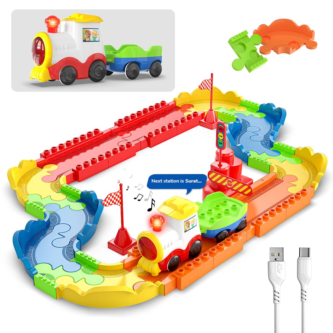 Mirana Block Rider Toy Train Set with Colorful & Multiple Track Layout, USB Rechargeable Type-C Engine, Various Sound Modes - Vande Bharat, Rajdhani, Delhi Metro, Kids 2-8 Years (Basic - 47 Pcs)