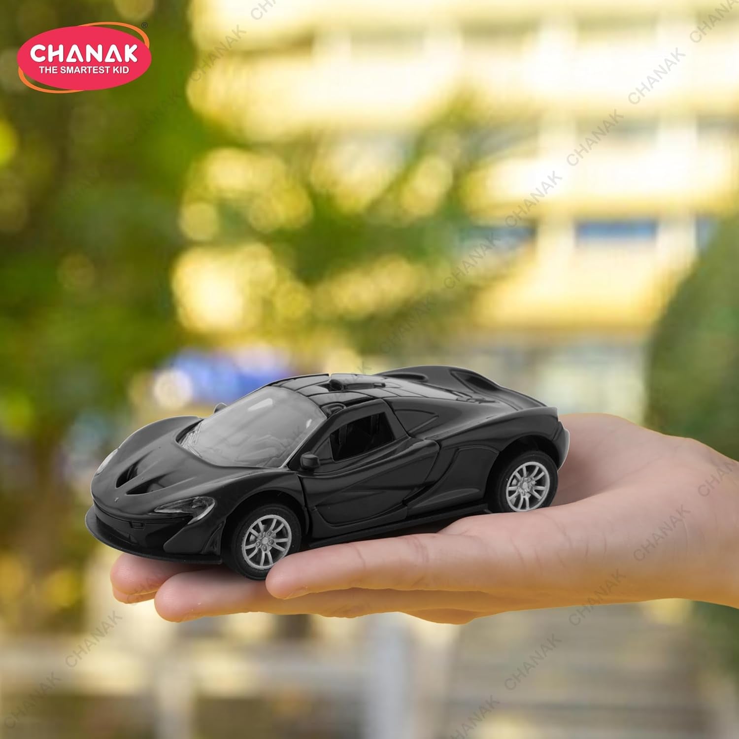 Chanak Premium Metal Die-Cast Sports Racer Metal Car with Realistic Engine Sound, LED Lights, Open & Close Doors, Pull Back Car Zinc Alloy for Kids Above 3 Years, BIS Approved (Black)