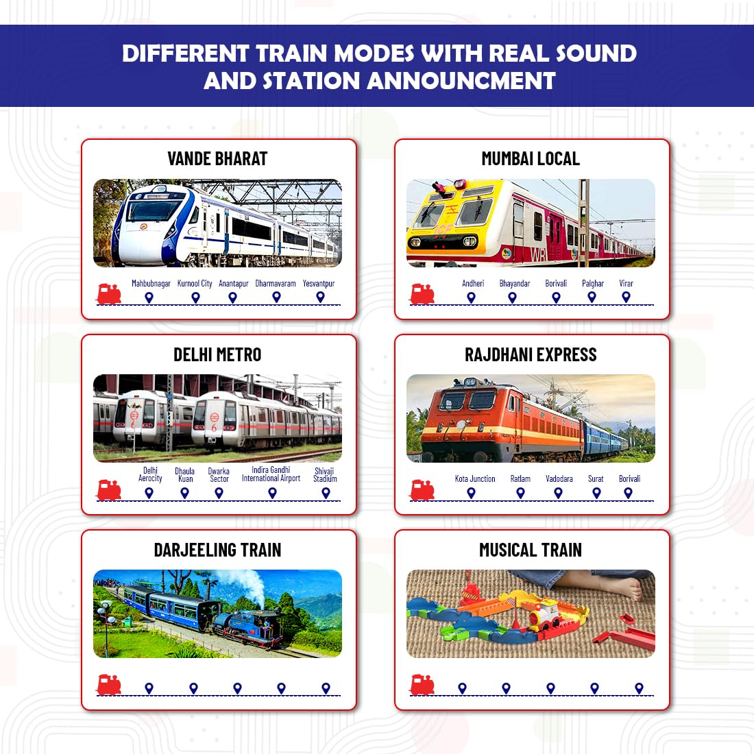 Mirana Block Rider Toy Train Set with Colorful & Multiple Track Layout, USB Rechargeable Type-C Engine, Various Sound Modes - Vande Bharat, Rajdhani, Delhi Metro, Kids 2-8 Years (Basic - 47 Pcs)