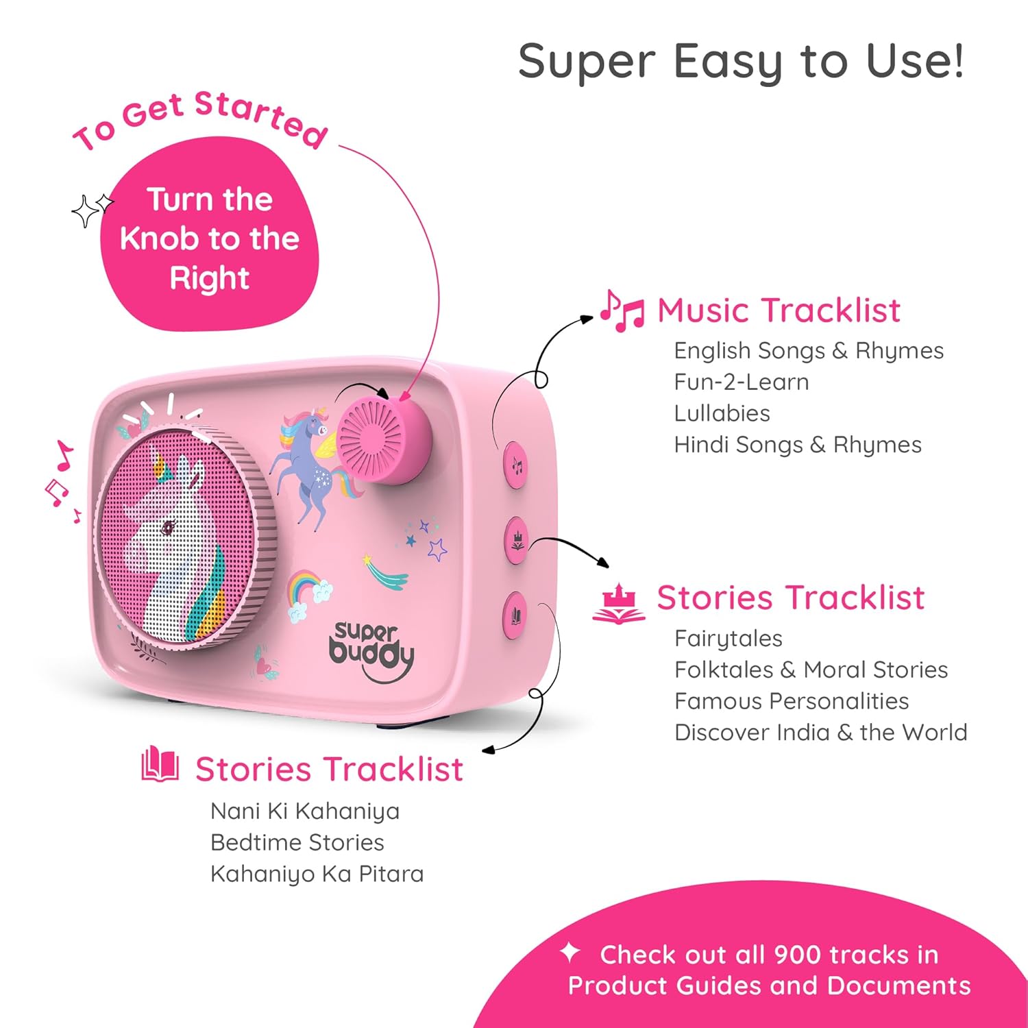 TARBULL Superbuddy Unicorn Toys for Girls - Kids Speaker with 900+ Stories & Rhymes Preloaded in English & Hindi | Voice Recording | Bluetooth | Birthday Gift for Girls | Toys for 2 + Year Old Kids