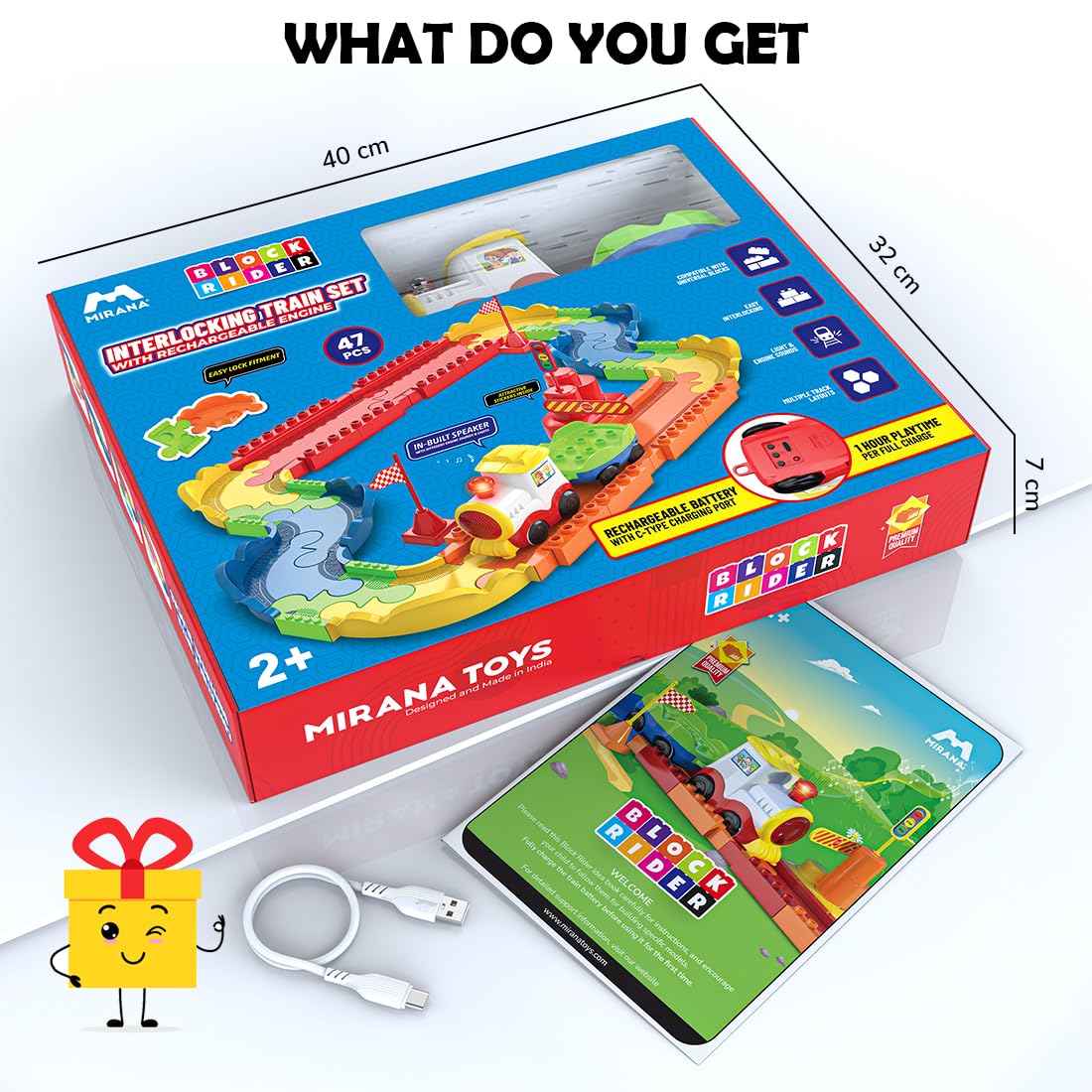 Mirana Block Rider Toy Train Set with Colorful & Multiple Track Layout, USB Rechargeable Type-C Engine, Various Sound Modes - Vande Bharat, Rajdhani, Delhi Metro, Kids 2-8 Years (Basic - 47 Pcs)
