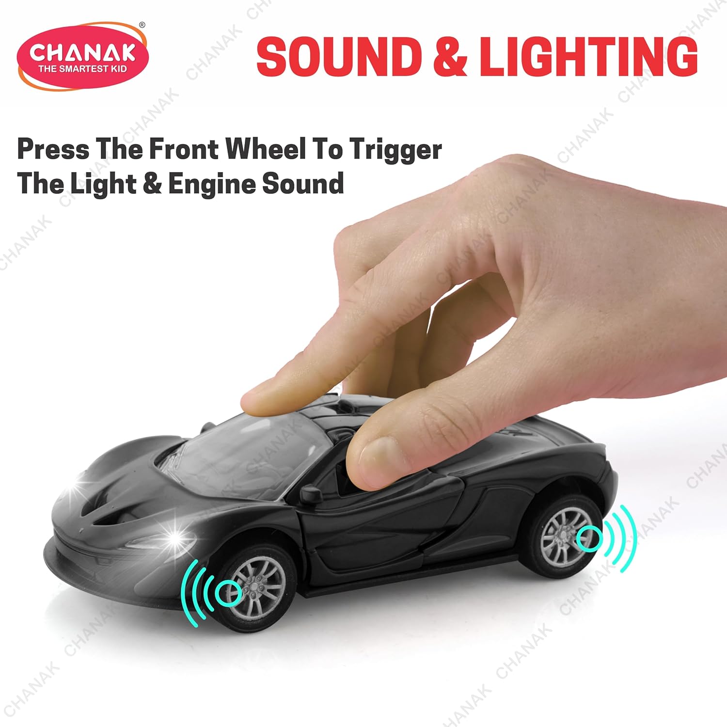 Chanak Premium Metal Die-Cast Sports Racer Metal Car with Realistic Engine Sound, LED Lights, Open & Close Doors, Pull Back Car Zinc Alloy for Kids Above 3 Years, BIS Approved (Black)