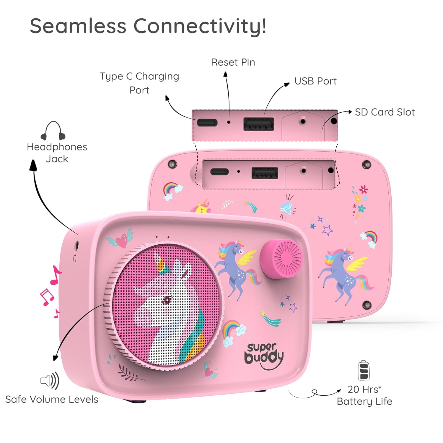 TARBULL Superbuddy Unicorn Toys for Girls - Kids Speaker with 900+ Stories & Rhymes Preloaded in English & Hindi | Voice Recording | Bluetooth | Birthday Gift for Girls | Toys for 2 + Year Old Kids