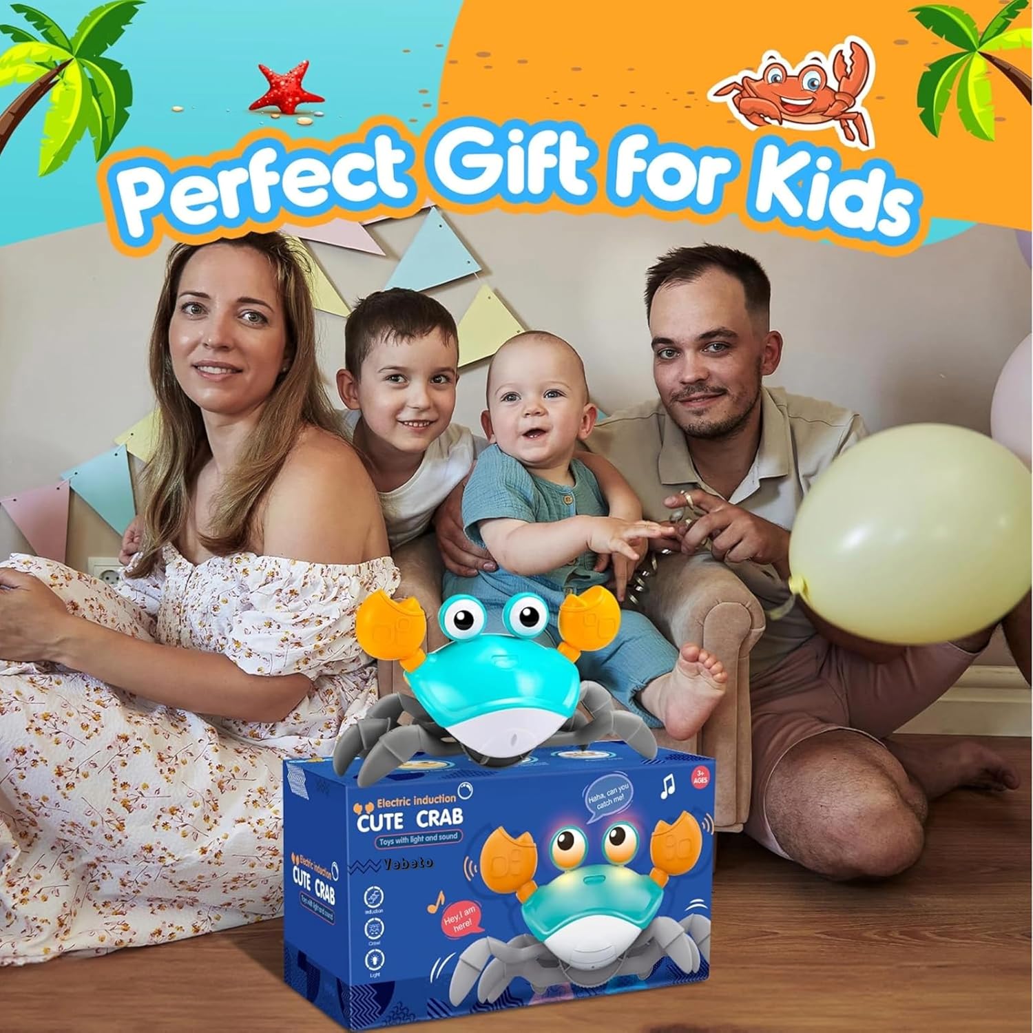 VEBETO Musical Crawling Crab Toy (1 Year Warranty) Walking Moving Toys Obstacle Avoid Sensor Interactive Dancing LED Lights Music Baby Kids Infant Toddler Tummy Time Electric Educational Rechargeable