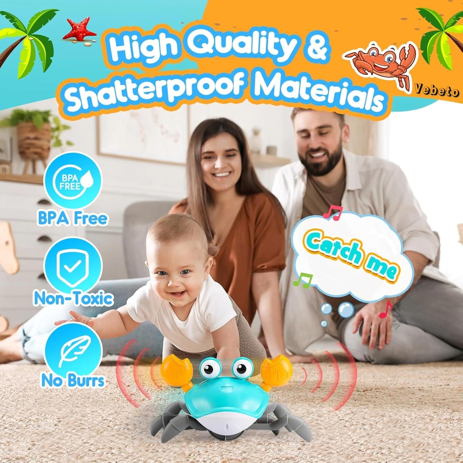 VEBETO Musical Crawling Crab Toy (1 Year Warranty) Walking Moving Toys Obstacle Avoid Sensor Interactive Dancing LED Lights Music Baby Kids Infant Toddler Tummy Time Electric Educational Rechargeable
