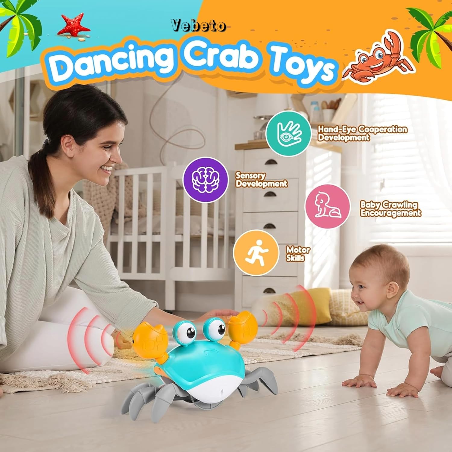 VEBETO Musical Crawling Crab Toy (1 Year Warranty) Walking Moving Toys Obstacle Avoid Sensor Interactive Dancing LED Lights Music Baby Kids Infant Toddler Tummy Time Electric Educational Rechargeable