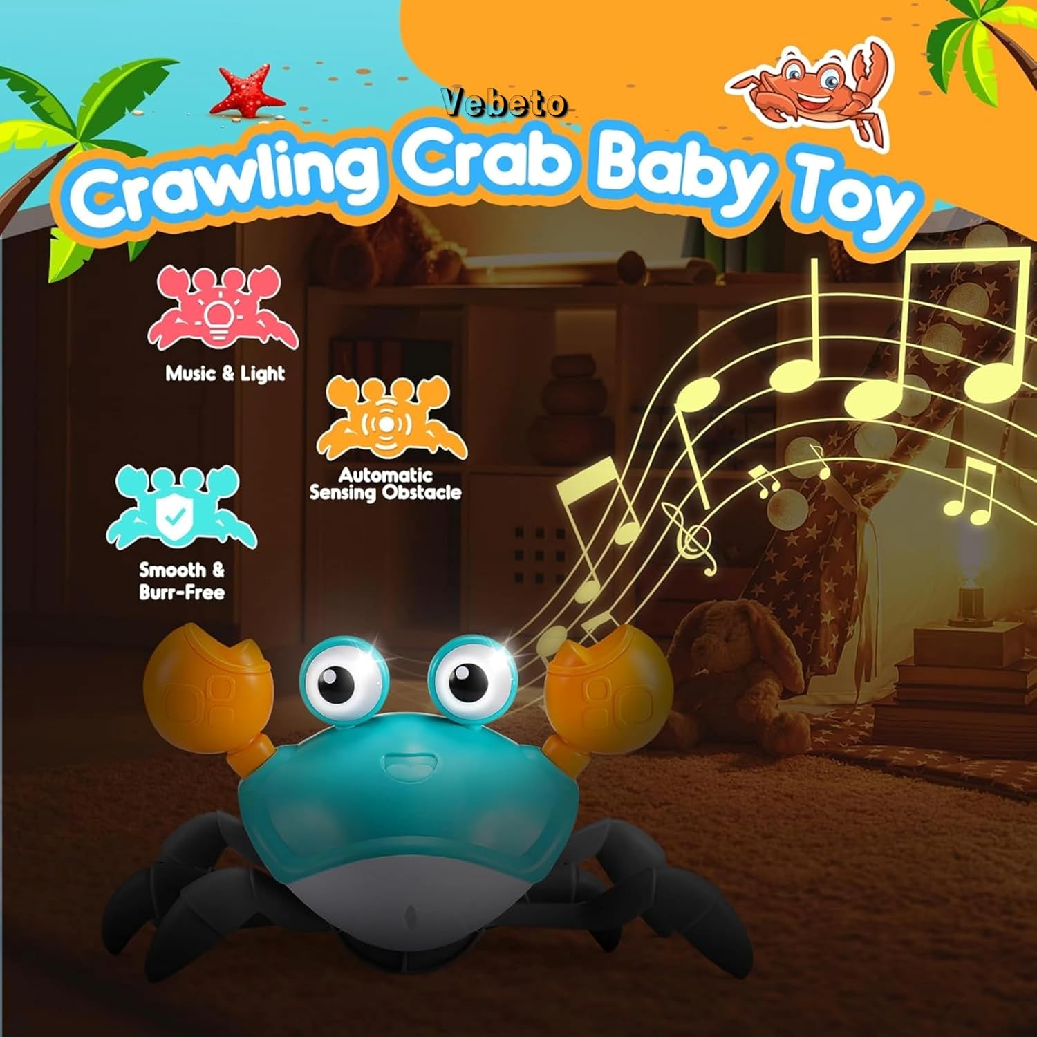 VEBETO Musical Crawling Crab Toy (1 Year Warranty) Walking Moving Toys Obstacle Avoid Sensor Interactive Dancing LED Lights Music Baby Kids Infant Toddler Tummy Time Electric Educational Rechargeable