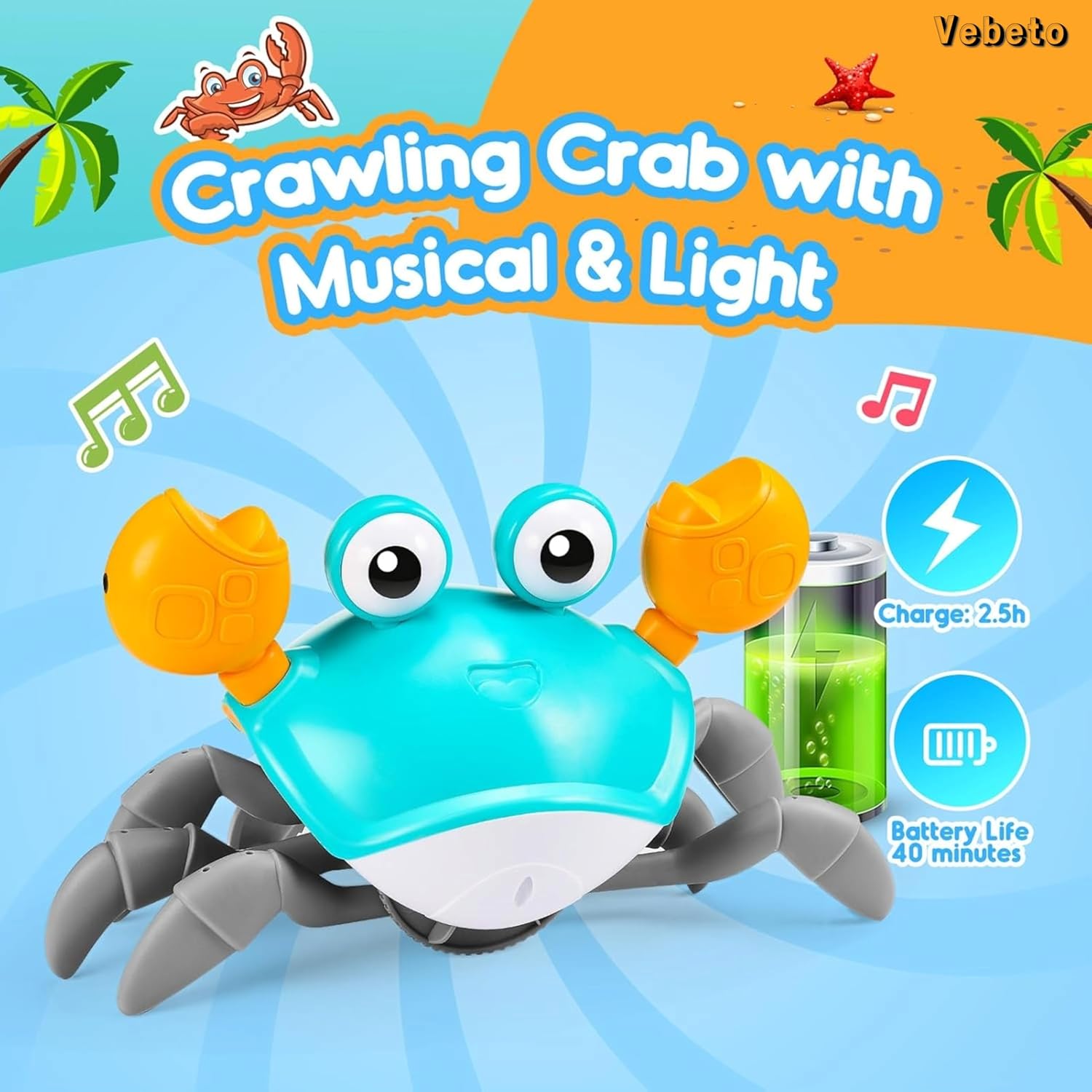 VEBETO Musical Crawling Crab Toy (1 Year Warranty) Walking Moving Toys Obstacle Avoid Sensor Interactive Dancing LED Lights Music Baby Kids Infant Toddler Tummy Time Electric Educational Rechargeable