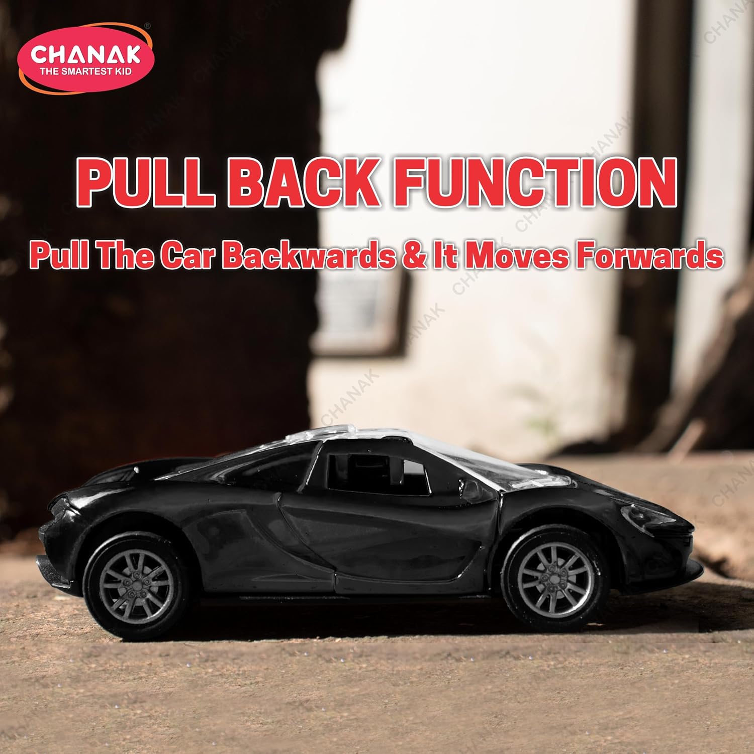 Chanak Premium Metal Die-Cast Sports Racer Metal Car with Realistic Engine Sound, LED Lights, Open & Close Doors, Pull Back Car Zinc Alloy for Kids Above 3 Years, BIS Approved (Black)