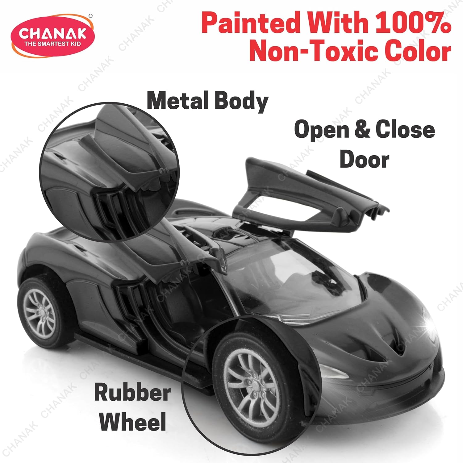 Chanak Premium Metal Die-Cast Sports Racer Metal Car with Realistic Engine Sound, LED Lights, Open & Close Doors, Pull Back Car Zinc Alloy for Kids Above 3 Years, BIS Approved (Black)
