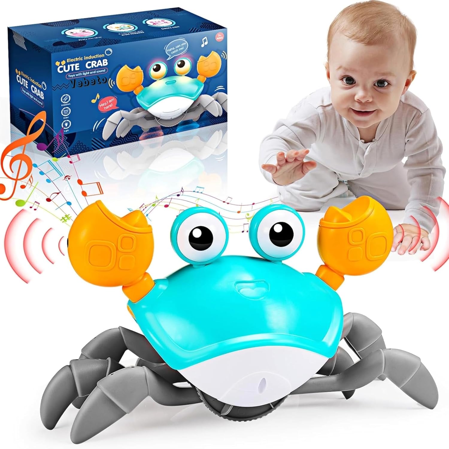 VEBETO Musical Crawling Crab Toy (1 Year Warranty) Walking Moving Toys Obstacle Avoid Sensor Interactive Dancing LED Lights Music Baby Kids Infant Toddler Tummy Time Electric Educational Rechargeable