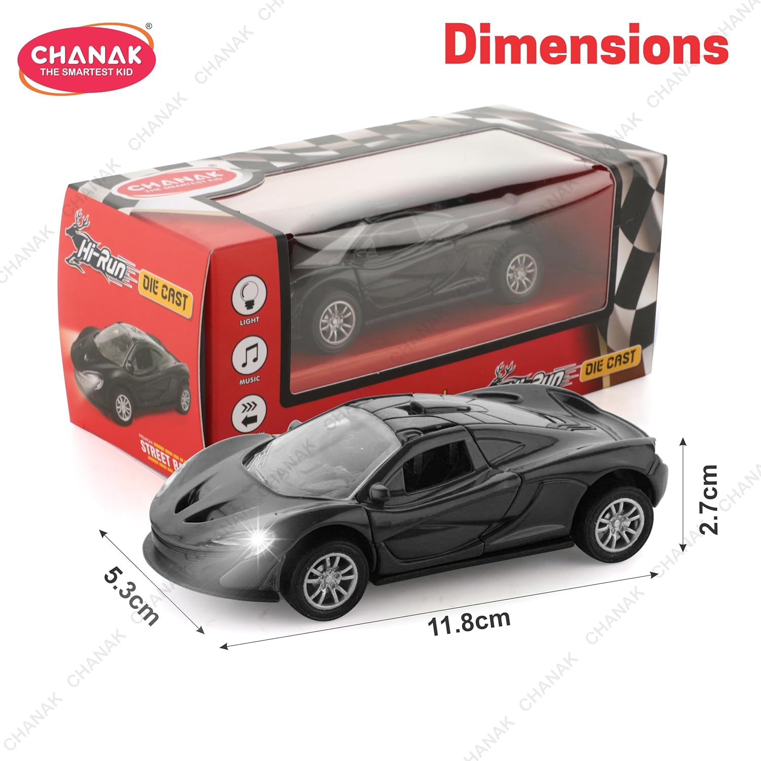 Chanak Premium Metal Die-Cast Sports Racer Metal Car with Realistic Engine Sound, LED Lights, Open & Close Doors, Pull Back Car Zinc Alloy for Kids Above 3 Years, BIS Approved (Black)