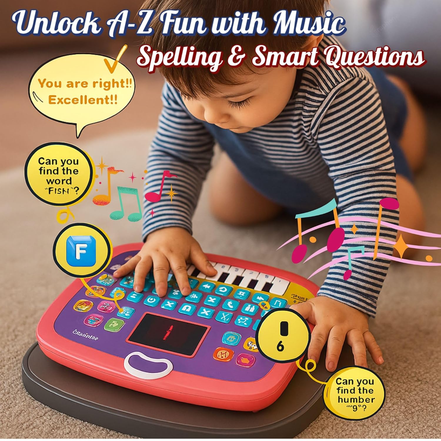 Graphene Educational Tablet Computer for Kids Laptop Piano with Led Screen & Music Games Fun Activities Toys Gift for 2-5 Years Girl Boy Toddlers Smart Play Keyboard Engaging Learning Toy Study Toys