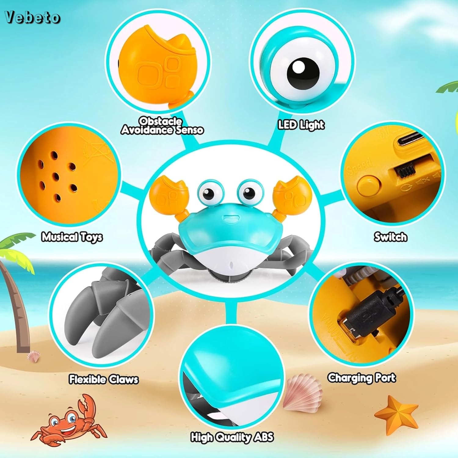 VEBETO Musical Crawling Crab Toy (1 Year Warranty) Walking Moving Toys Obstacle Avoid Sensor Interactive Dancing LED Lights Music Baby Kids Infant Toddler Tummy Time Electric Educational Rechargeable